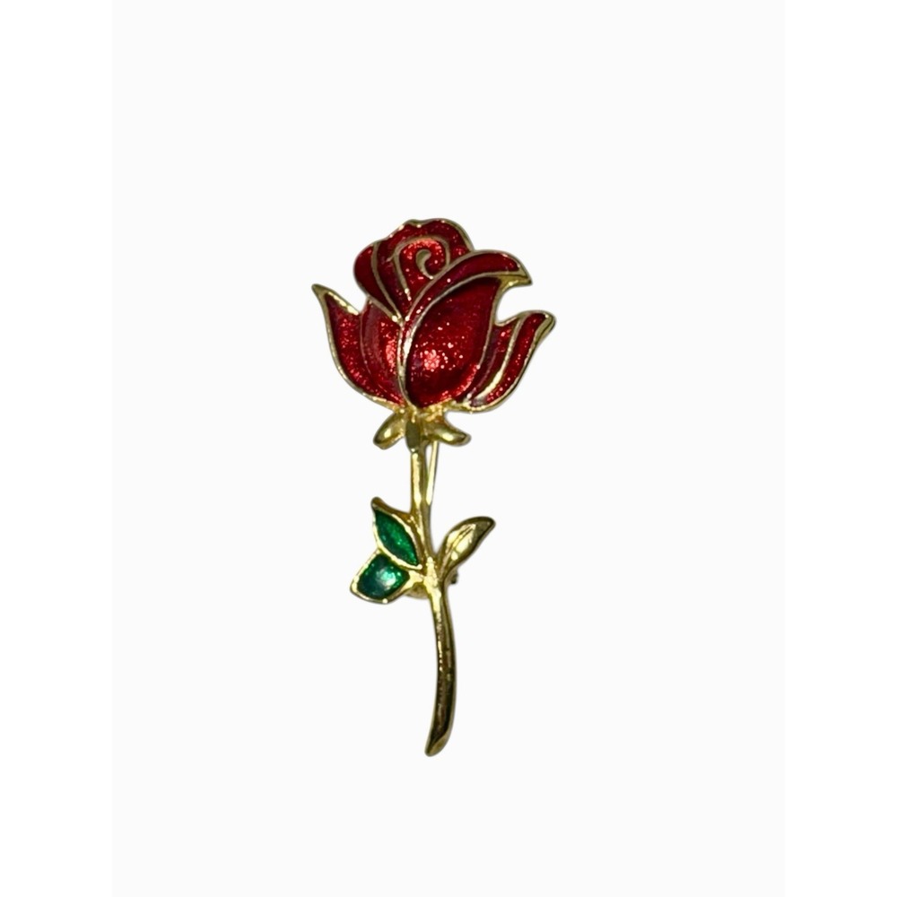 Vintage Gold Tone Red Enamel Stemmed Flower Rose Brooch Pin
